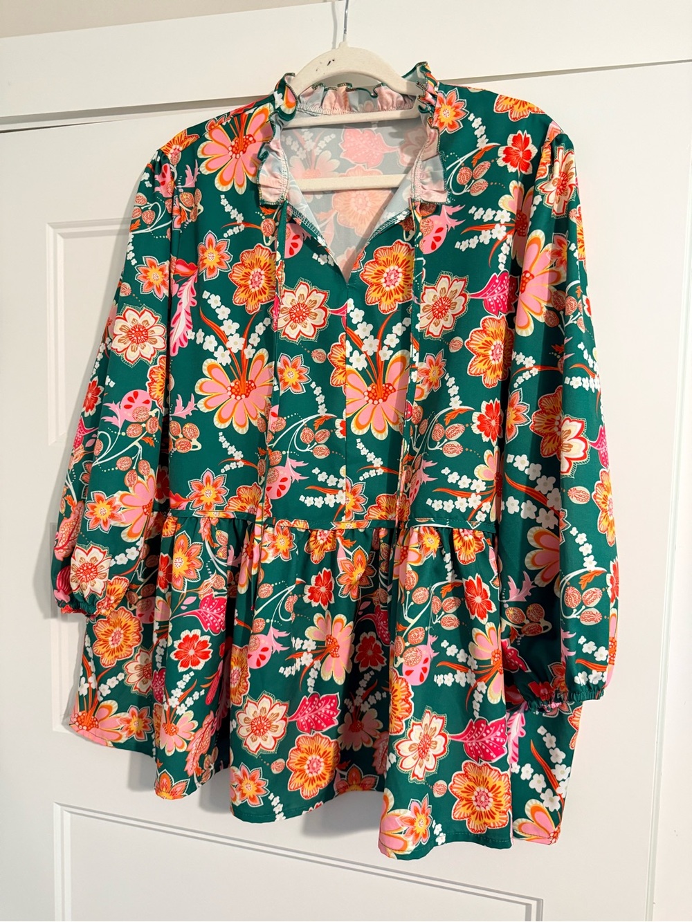 Floral Peplum Blouse - Green with Pink & Orange Floral Print